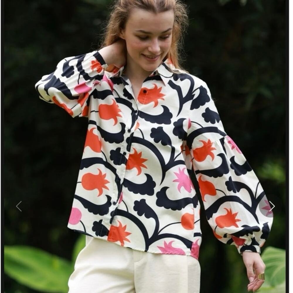 Maude Vivante Size L Kazakh Tulips Abby Shirt Top Blouse Cotton Poplin Button Up